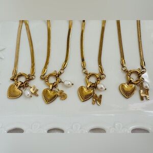 18kt gold plated stainless steel Herring Bone Initial Heart Pearl Necklace